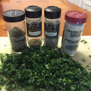 chopped kale, herbs and spices